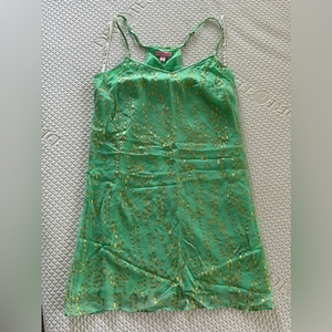 Lilly Pulitzer Dusk Silk Slip Dress Green‎ & Metallic Gold Accents Size XS